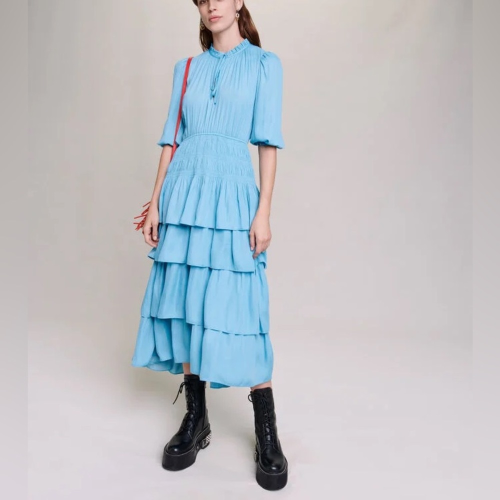 Maje - Long Blue Stain Dress with ruffles in Small (36)